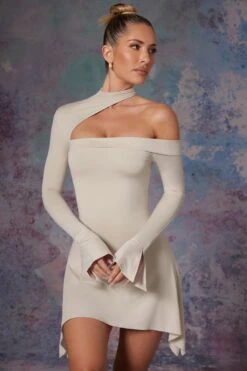 Asymmetric High Neck Mini Dress In Stone