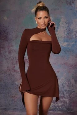 Asymmetric High Neck Mini Dress In Brown -Pretty Dresses Sales 5472 3 Katya Brown Asymmetric High Neck Dress