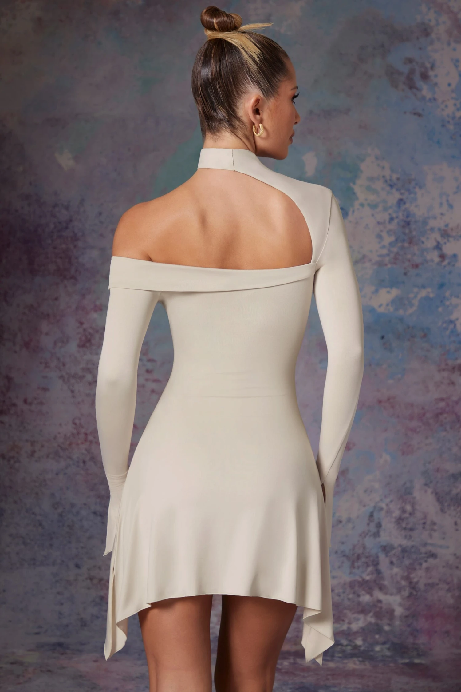 Asymmetric High Neck Mini Dress In Stone 2 Asymmetric High Neck Mini Dress In Stone - Image 2