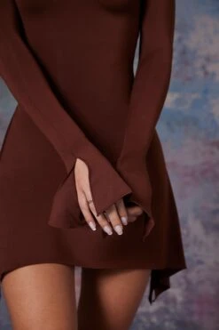 Asymmetric High Neck Mini Dress In Brown -Pretty Dresses Sales 5472 7 Katya Brown Asymmetric High Neck Dress