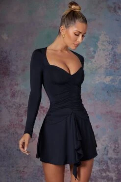 Long Sleeve Waterfall Skirt Mini Dress In Midnight Black -Pretty Dresses Sales 5473 2 Lili Black Long Sleeve Halter Neck Mini Dress With Waterfall Skirt