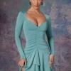 Long Sleeve Waterfall Skirt Mini Dress In Light Teal