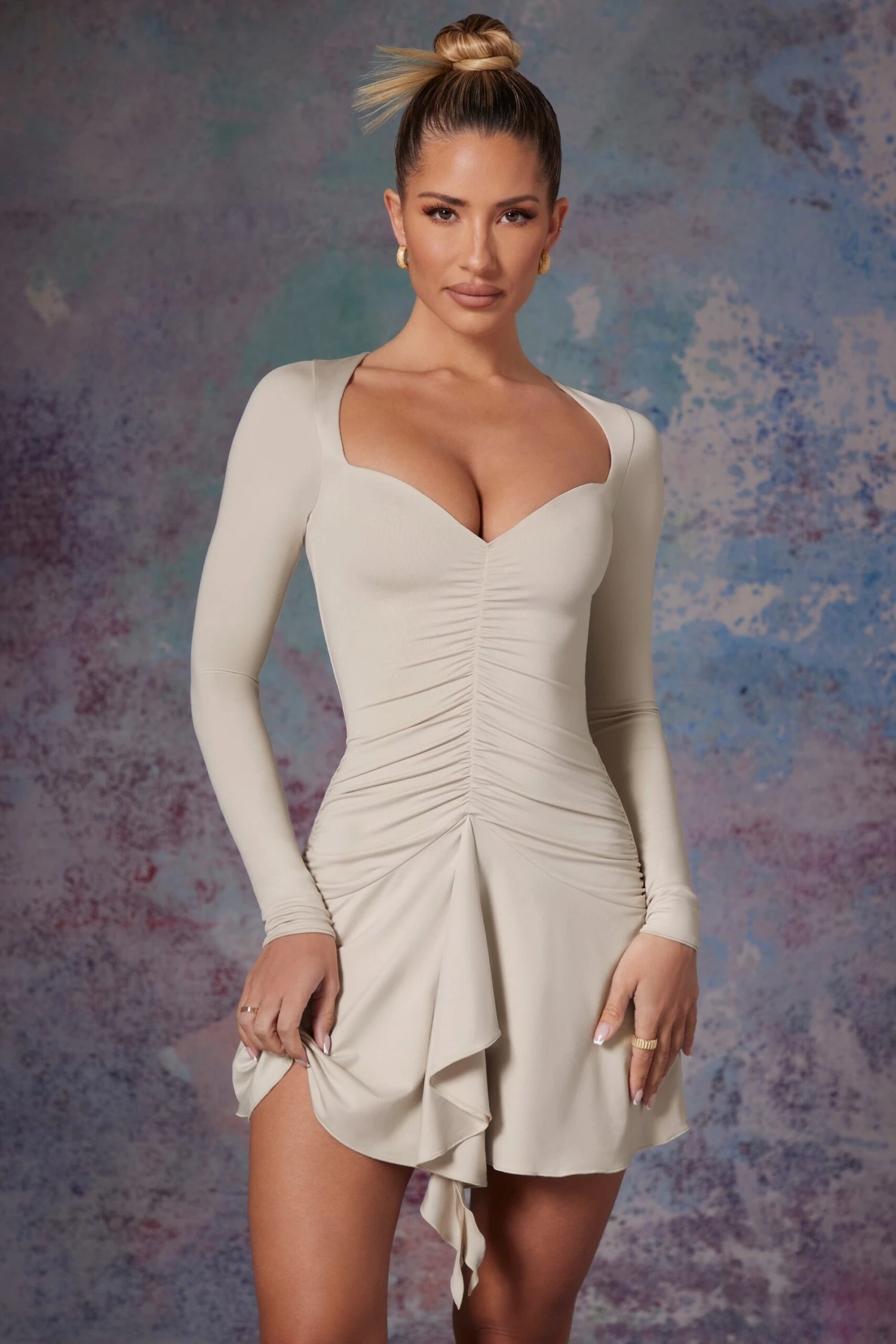 Long Sleeve Waterfall Skirt Mini Dress In Stone 1 Long Sleeve Waterfall Skirt Mini Dress In Stone