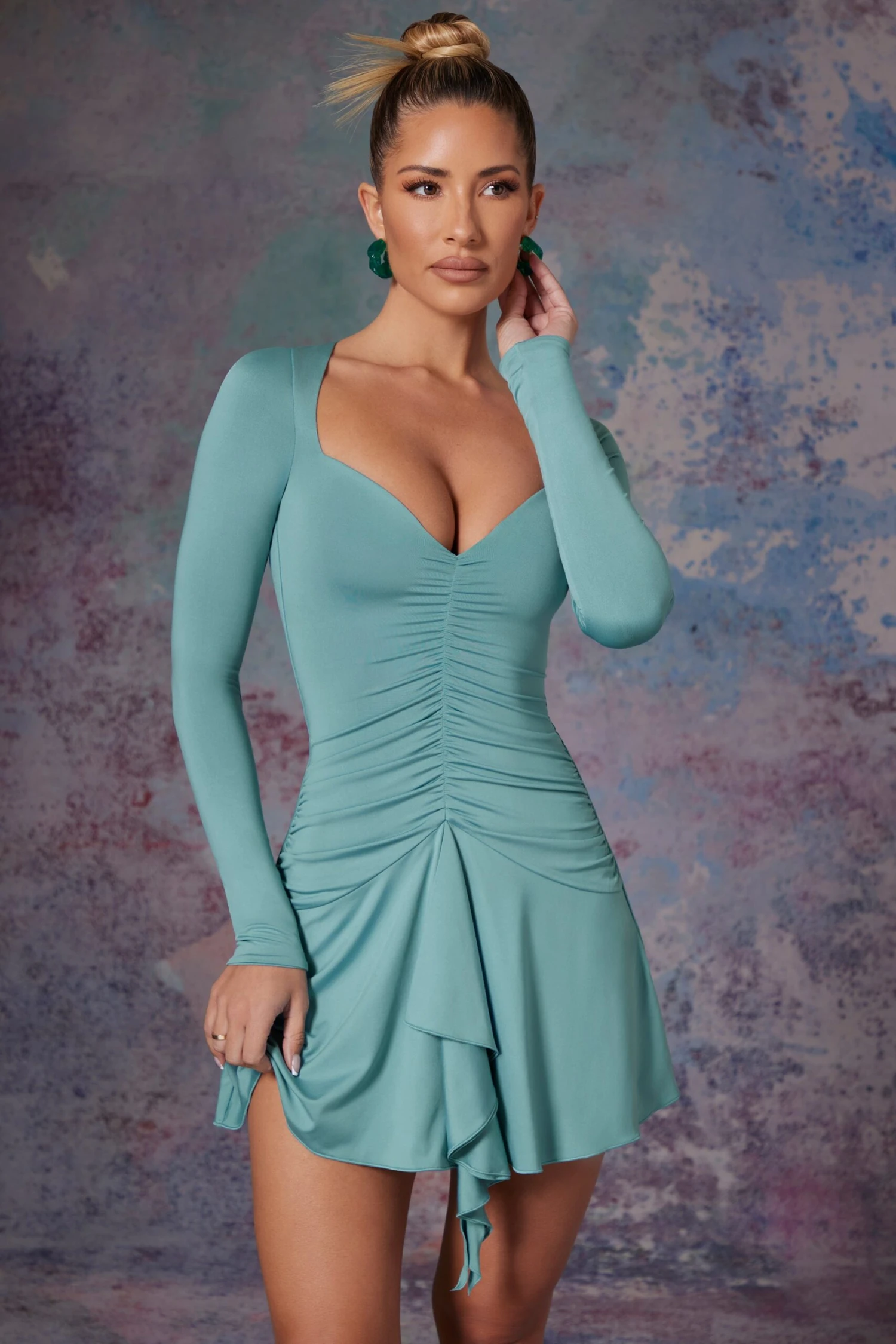 Long Sleeve Waterfall Skirt Mini Dress In Light Teal 5 Long Sleeve Waterfall Skirt Mini Dress In Light Teal - Image 5