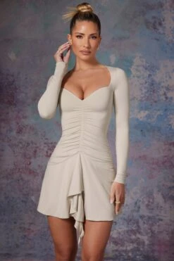 Long Sleeve Waterfall Skirt Mini Dress In Stone 12 Long Sleeve Waterfall Skirt Mini Dress In Stone -Pretty Dresses Sales 5473 3 Lili Stone Long Sleeve Halter Neck Mini Dress With Waterfall Skirt