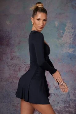 Long Sleeve Waterfall Skirt Mini Dress In Midnight Black -Pretty Dresses Sales 5473 5 Lili Black Long Sleeve Halter Neck Mini Dress With Waterfall Skirt