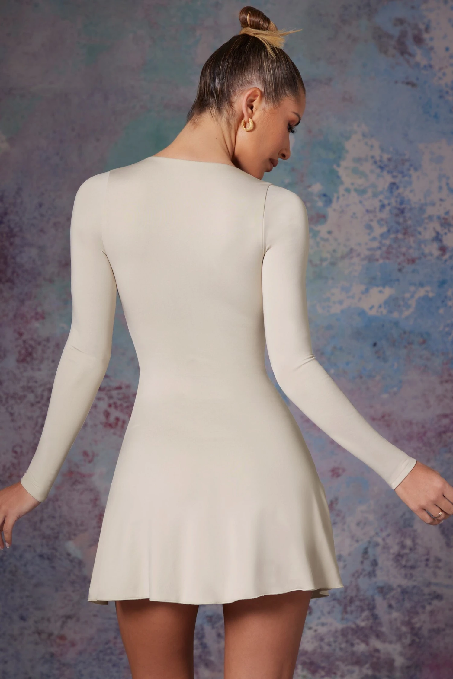 Long Sleeve Waterfall Skirt Mini Dress In Stone 2 Long Sleeve Waterfall Skirt Mini Dress In Stone - Image 2