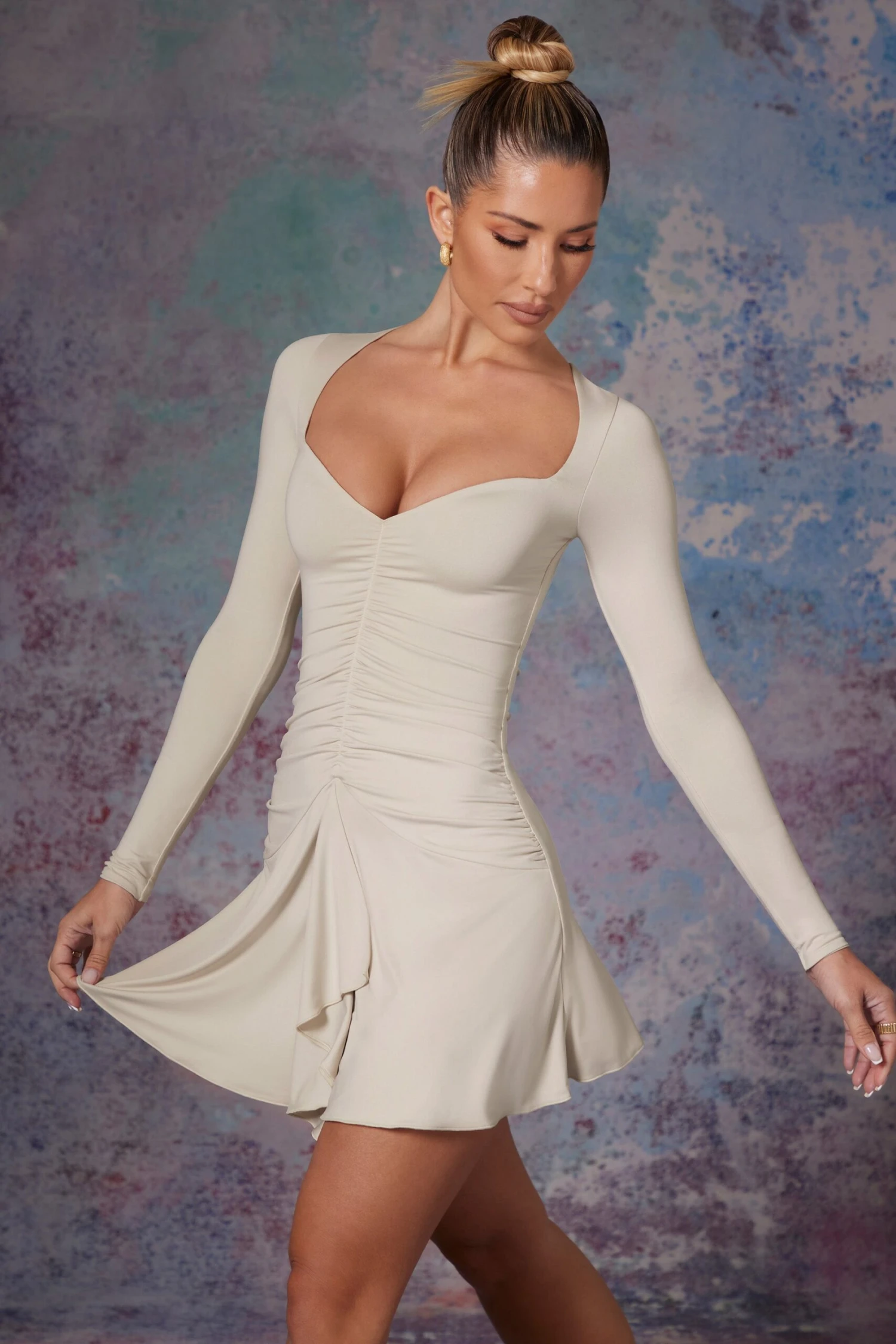 Long Sleeve Waterfall Skirt Mini Dress In Stone 7 Long Sleeve Waterfall Skirt Mini Dress In Stone - Image 7