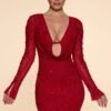 Long Sleeve Deep Plunge Mini Dress In Red