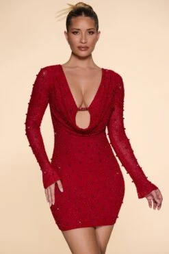 Long Sleeve Deep Plunge Mini Dress In Red 12 Long Sleeve Deep Plunge Mini Dress In Red -Pretty Dresses Sales 5588 2 Nice Red Flare Sleeves Deep Plunge Mini