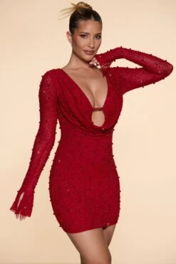 Long Sleeve Deep Plunge Mini Dress In Red 14 Long Sleeve Deep Plunge Mini Dress In Red -Pretty Dresses Sales 5588 4 Nice Red Flare Sleeves Deep Plunge Mini