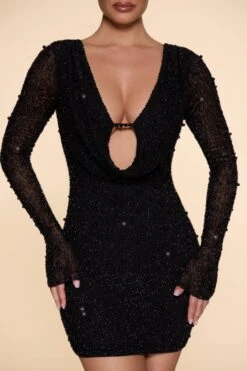 Long Sleeve Deep Plunge Mini Dress In Black 12 Long Sleeve Deep Plunge Mini Dress In Black -Pretty Dresses Sales 5588 8 Nice Black Flare Sleeves Deep Plunge Mini Dress