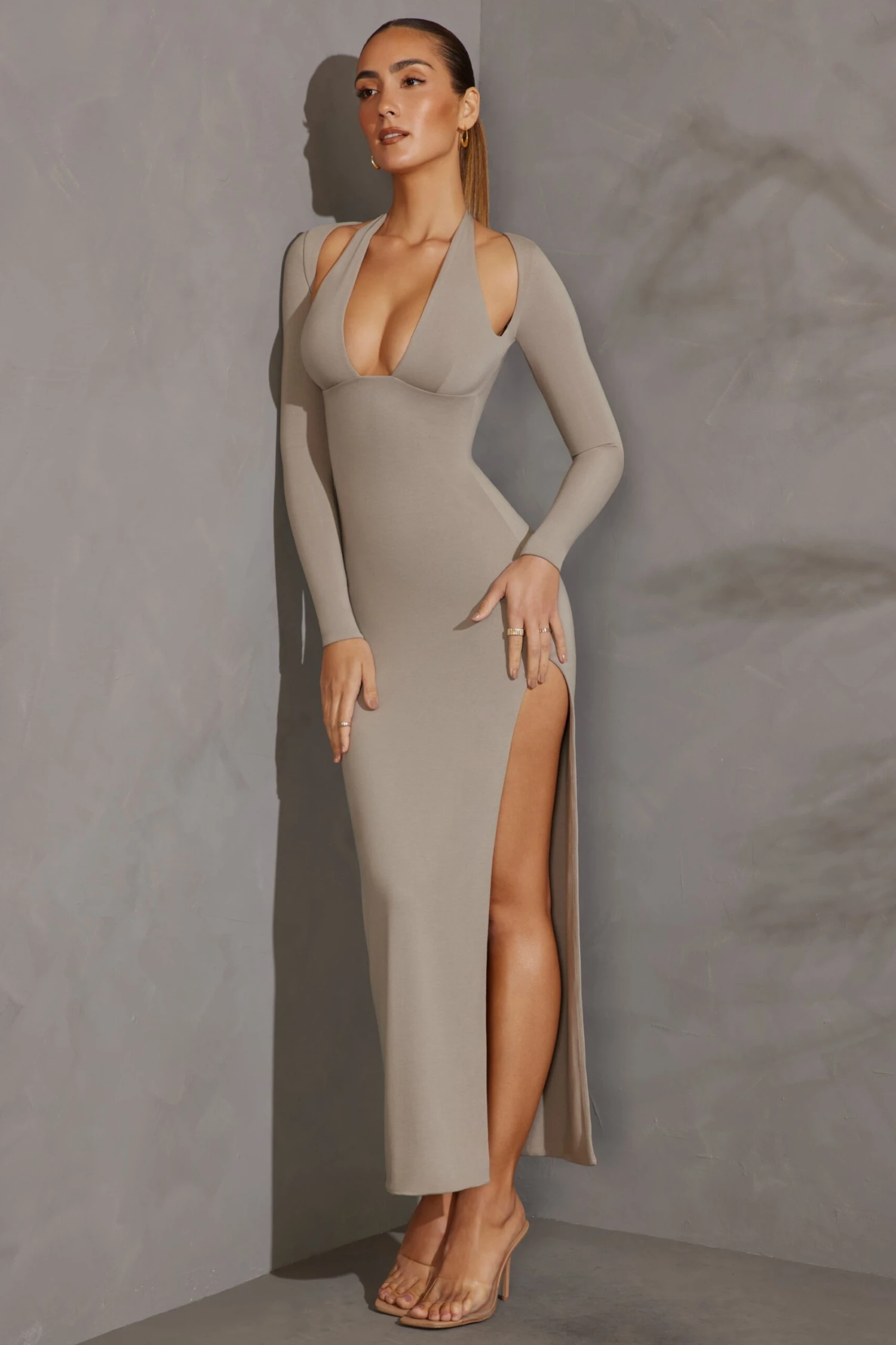 Long Sleeve Plunge Neck Maxi Dress In Grey 4 Long Sleeve Plunge Neck Maxi Dress In Grey - Image 4