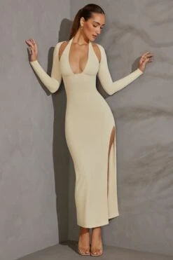 Long Sleeve Plunge Neck Maxi Dress In Ivory 10 Long Sleeve Plunge Neck Maxi Dress In Ivory -Pretty Dresses Sales 5607 1 Odelle Ivory Maxi Dress With Split