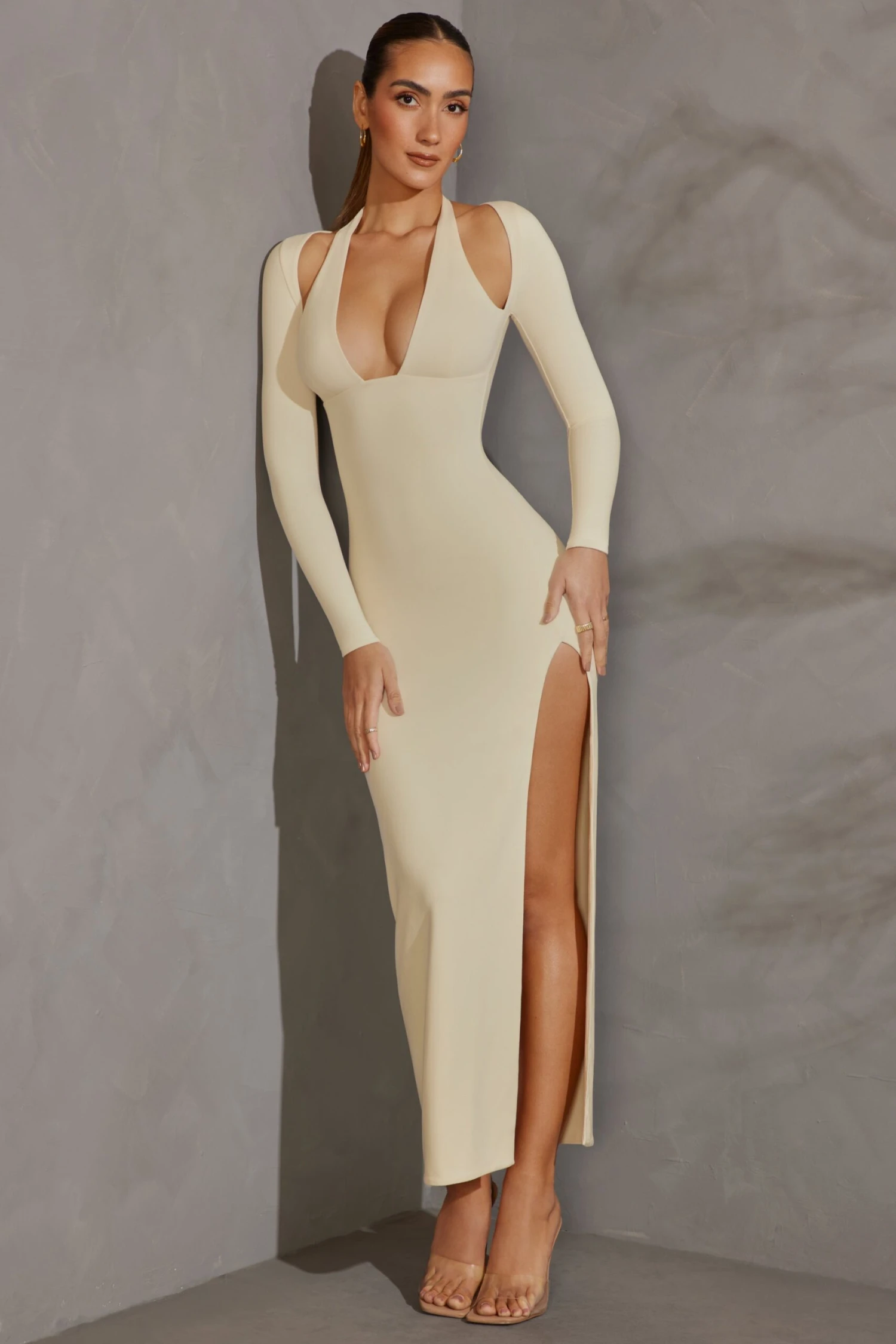 Long Sleeve Plunge Neck Maxi Dress In Ivory 6 Long Sleeve Plunge Neck Maxi Dress In Ivory - Image 6