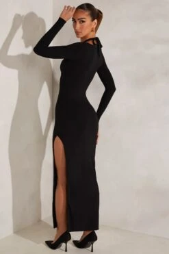 Long Sleeve Plunge Neck Maxi Dress In Black -Pretty Dresses Sales 5607 6 Black Maxi Dress With Split