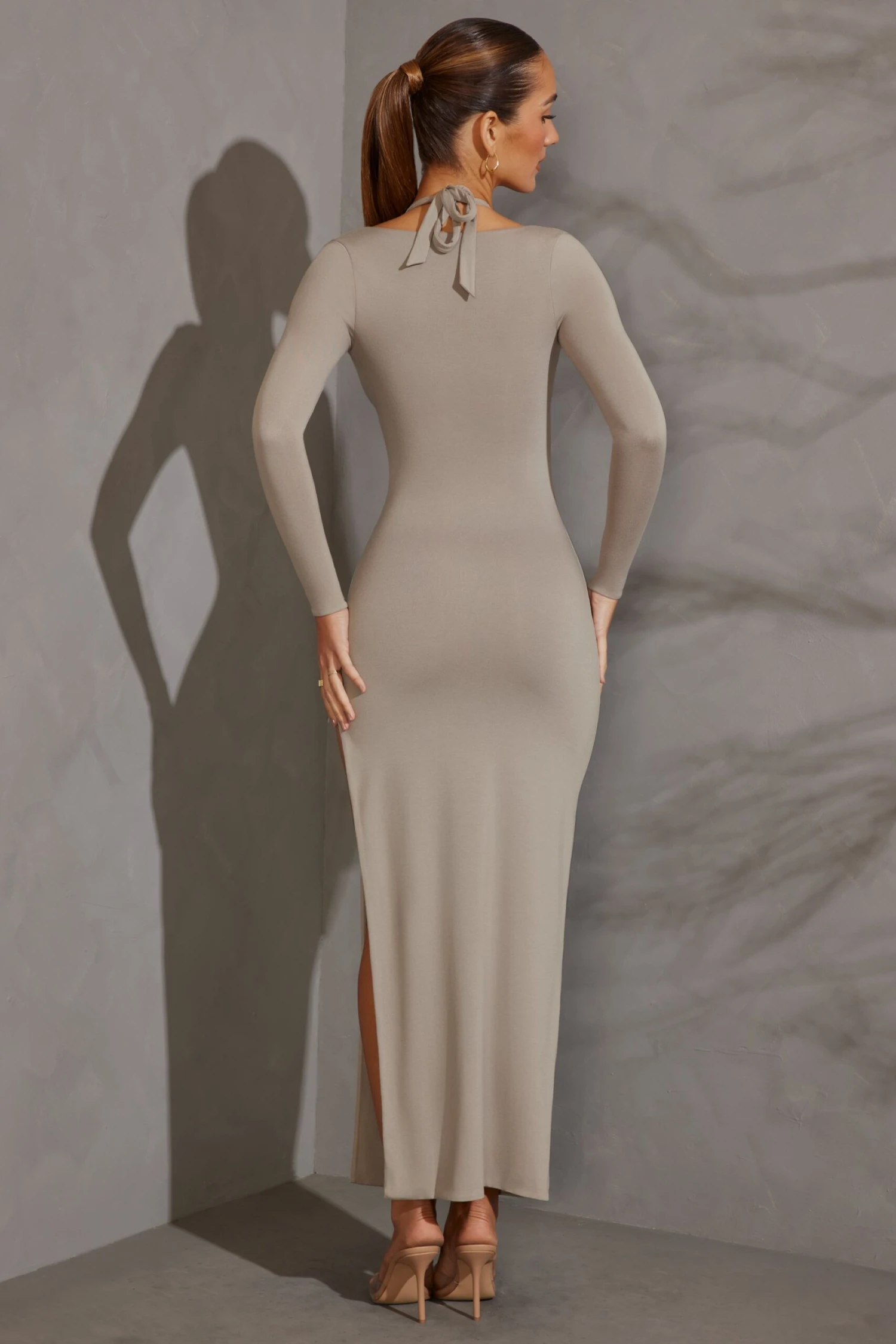 Long Sleeve Plunge Neck Maxi Dress In Grey 2 Long Sleeve Plunge Neck Maxi Dress In Grey - Image 2