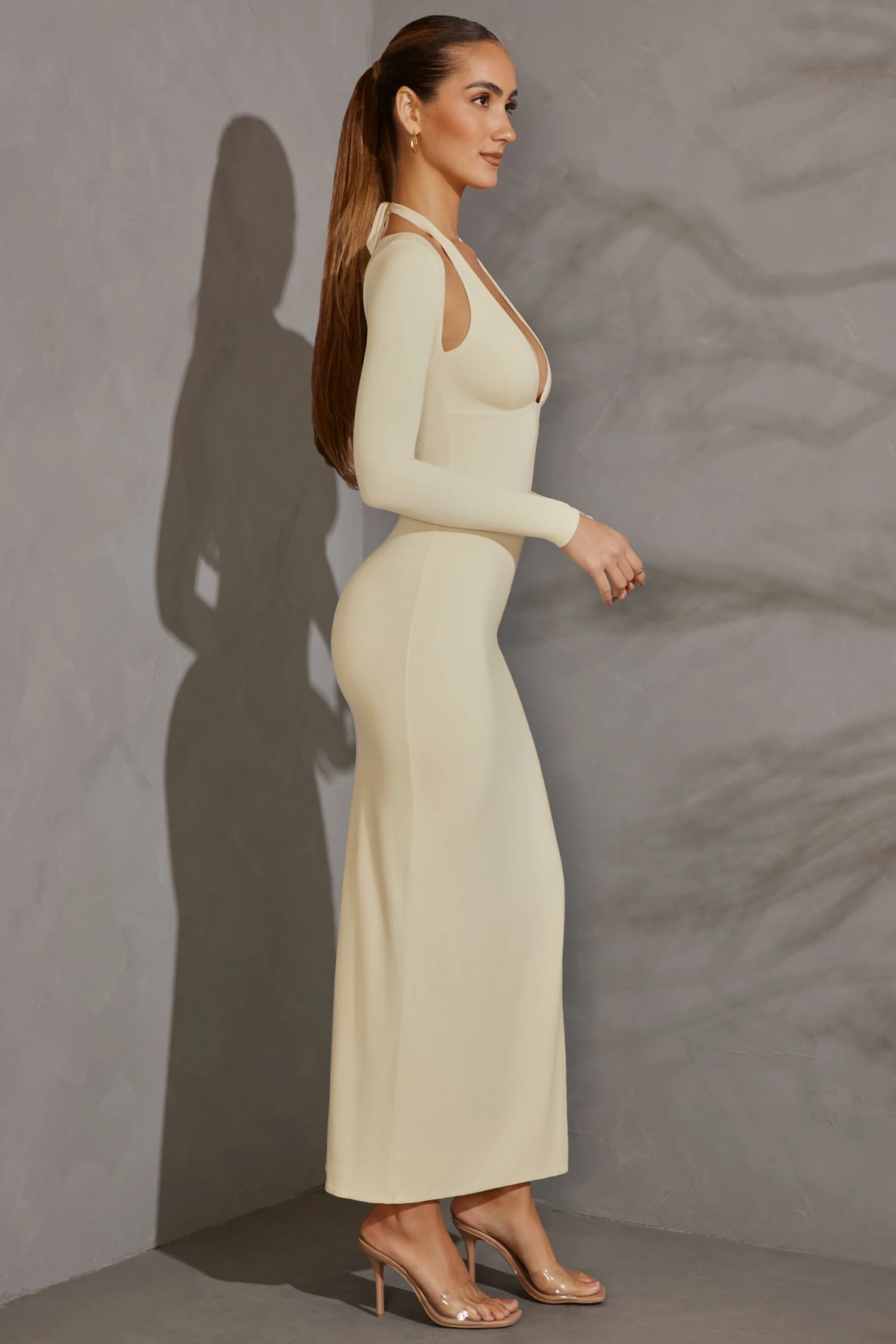 Long Sleeve Plunge Neck Maxi Dress In Ivory 3 Long Sleeve Plunge Neck Maxi Dress In Ivory - Image 3