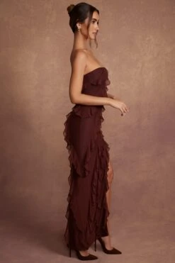 Bandeau Ruffle Detail Maxi Dress In Brown -Pretty Dresses Sales 5634 3 Nevali Brown Bandeau Ruffle Detail Dress