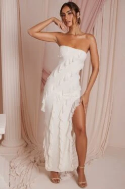Bandeau Ruffle Detail Maxi Dress In Ivory -Pretty Dresses Sales 5634 4 Nevali Ivory Bandeau Ruffle Detail