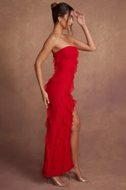 Bandeau Ruffle Detail Maxi Dress In Red -Pretty Dresses Sales 5634 4 Nevali Red Bandeau Ruffle Detail Dress