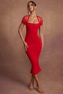 Cap Sleeve Flare Midaxi Dress In Red -Pretty Dresses Sales 5661 4 Red Cap Sleeve Square Neck Midi Dress