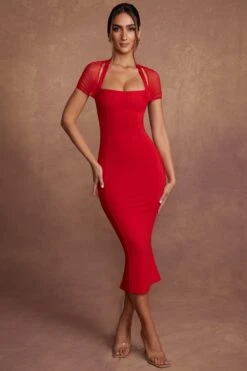 Cap Sleeve Flare Midaxi Dress In Red -Pretty Dresses Sales 5661 5 Red Cap Sleeve Square Neck Midi Dress