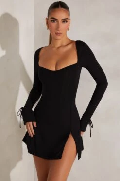 Long Sleeve A-Line Mini Dress In Black -Pretty Dresses Sales 5668 2 Black Square Neck Mini Dress