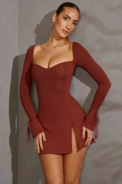 Long Sleeve A-Line Mini Dress In Brick -Pretty Dresses Sales 5668 3 Amryn Brick Sweet Heart Neckline Mini Dress