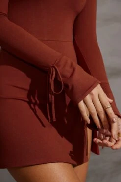 Long Sleeve A-Line Mini Dress In Brick -Pretty Dresses Sales 5668 9 Amryn Brick Sweet Heart Neckline Mini Dress