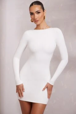 Long Sleeve Backless Mini Dress In White -Pretty Dresses Sales 5686 4 Sirena White Backless Longsleeve Mini