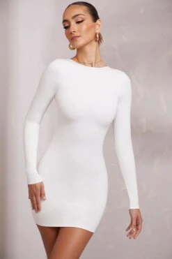 Long Sleeve Backless Mini Dress In White -Pretty Dresses Sales 5686 5 Sirena White Backless Longsleeve Mini