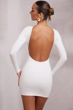 Long Sleeve Backless Mini Dress In White -Pretty Dresses Sales 5686 8 Sirena White Backless Longsleeve Mini