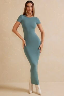 Cap Sleeve Open Back Maxi Dress In Teal -Pretty Dresses Sales 5695 4 Alira Teal Open Back Maxi Dress