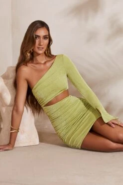 One Shoulder Flare Sleeve Mini Dress In Green