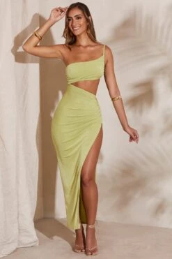 One Shoulder Cut Out Maxi Dress In Green -Pretty Dresses Sales 5715 2 Ishtar Green One Shoulder Cut Out Ruched Maxi Dress