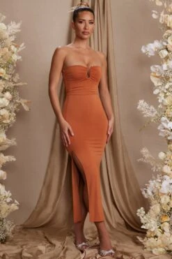 Strapless Thigh High Split Maxi Dress In Tan 13 Strapless Thigh High Split Maxi Dress In Tan -Pretty Dresses Sales 5814 4 Dulcinea Tan Strapless Ruched Maxi Dress