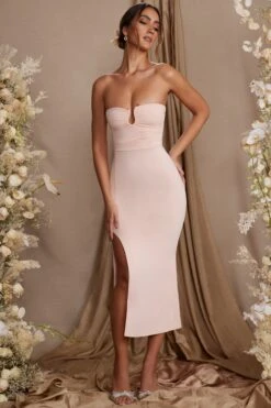 Strapless Thigh High Split Maxi Dress In Blush -Pretty Dresses Sales 5814 5 Dulcinea Blush Strapless Ruched Maxi Dress