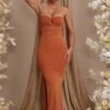 Strapless Thigh High Split Maxi Dress In Tan