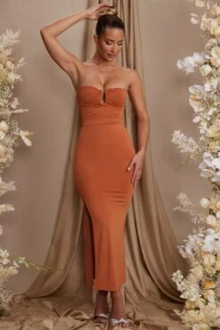 Strapless Thigh High Split Maxi Dress In Tan