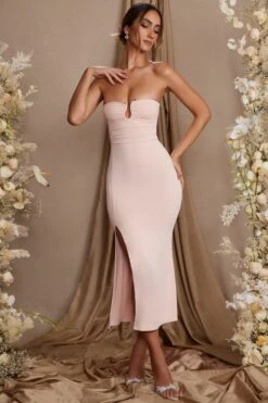 Strapless Thigh High Split Maxi Dress In Blush