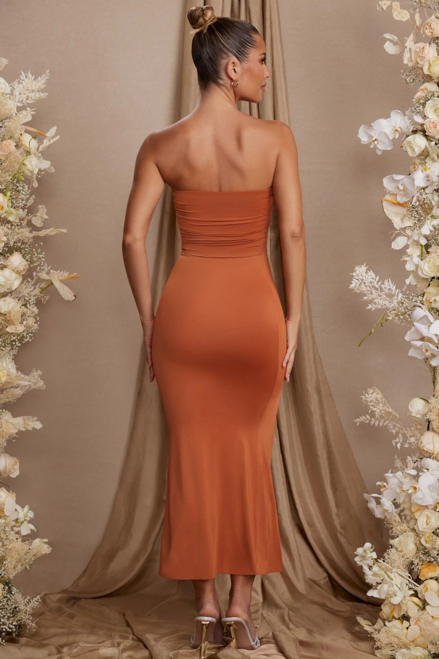 Strapless Thigh High Split Maxi Dress In Tan 2 Strapless Thigh High Split Maxi Dress In Tan - Image 2