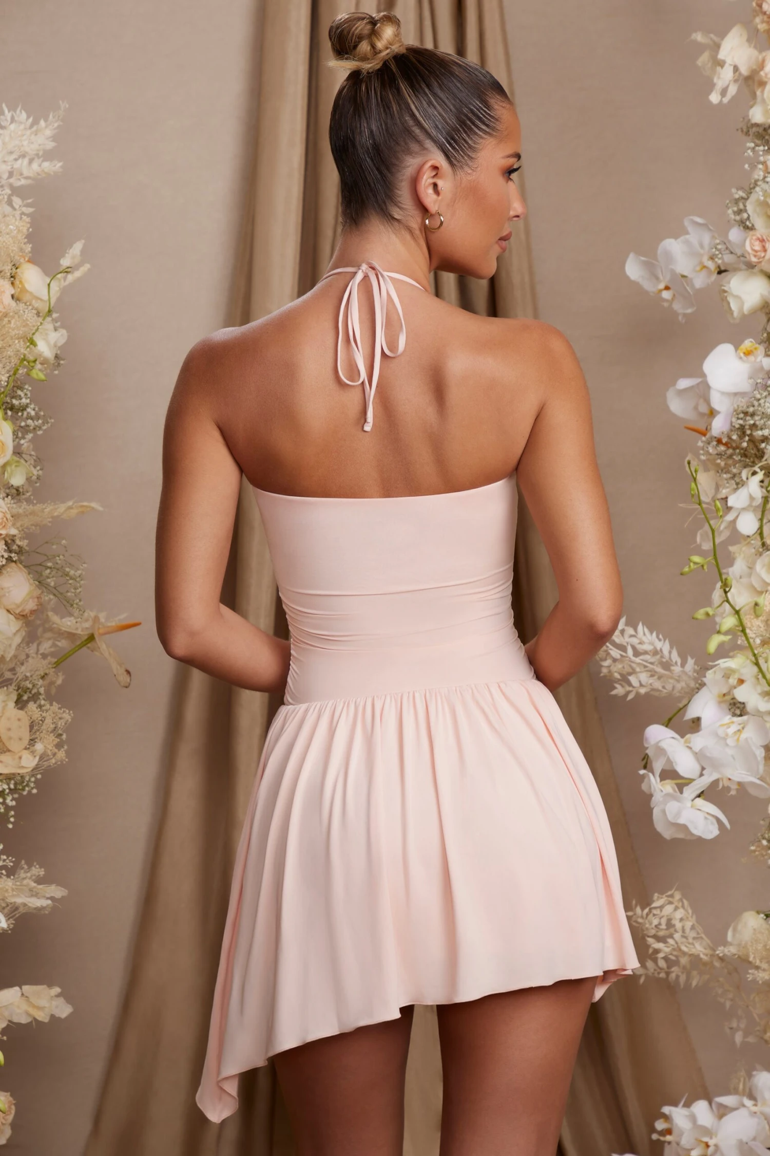 Halter Neck Asymmetric Mini Dress In Blush 2 Halter Neck Asymmetric Mini Dress In Blush - Image 2