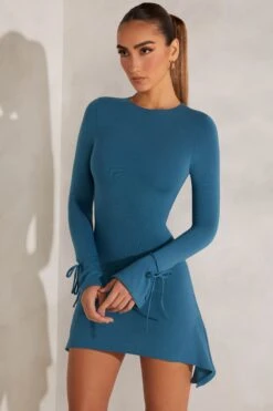 High Neck A-Line Mini Dress In Teal -Pretty Dresses Sales 5828 4 Teal High Neck A Line Mini Dress