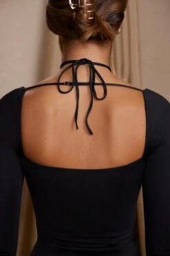 Long Sleeve Cross Over Strap Mini Dress In Black -Pretty Dresses Sales 5835 3 Salome Black Cross Over Strap Split Mini Dress