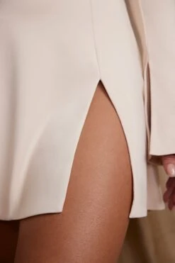 Long Sleeve Cross Over Strap Mini Dress In Cream -Pretty Dresses Sales 5835 4 Salome Cream Cross Over Strap Split Mini Dress