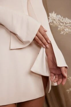 Long Sleeve Cross Over Strap Mini Dress In Cream -Pretty Dresses Sales 5835 5 Salome Cream Cross Over Strap Split Mini Dress