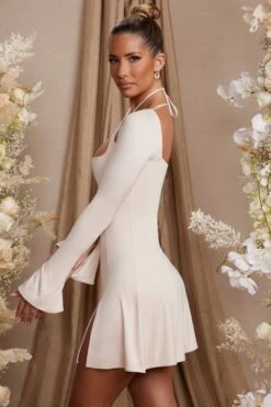 Long Sleeve Cross Over Strap Mini Dress In Cream -Pretty Dresses Sales 5835 7 Salome Cream Cross Over Strap Split Mini Dress