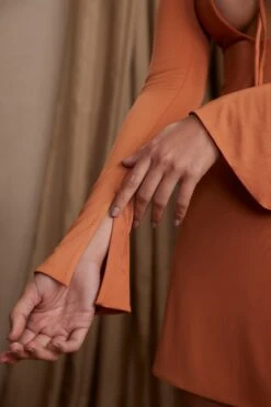 Long Sleeve Cut Out A-Line Mini Dress In Tan -Pretty Dresses Sales 5869 1 Cosette Tan Aline Dress With Tie