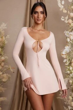 Long Sleeve Cut Out A-Line Mini Dress In Blush -Pretty Dresses Sales 5869 6 Cosette Blush Keyhole Front Cut Out Back Mini Dress